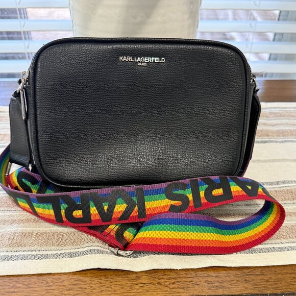 KARL LAGERFELD PARIS MAYBELLE CAMERA CROSSBODY BAG W/ RAINBOW STRIPE STRAP - Picture 1 of 16